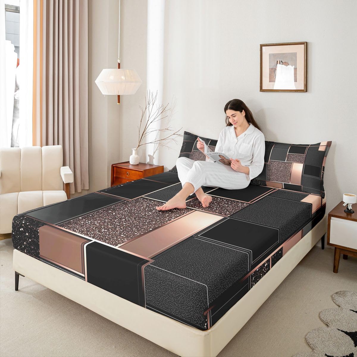 Feelyou Modern Abstract Bed Sheets Sets Queen Size Kids Boys Girls Orange Geometric Bedding Set Metallic Print Geometric Bed Sheet Set with 16-Inch Deep Pockets 4Pcs with 2 Pillow Cases