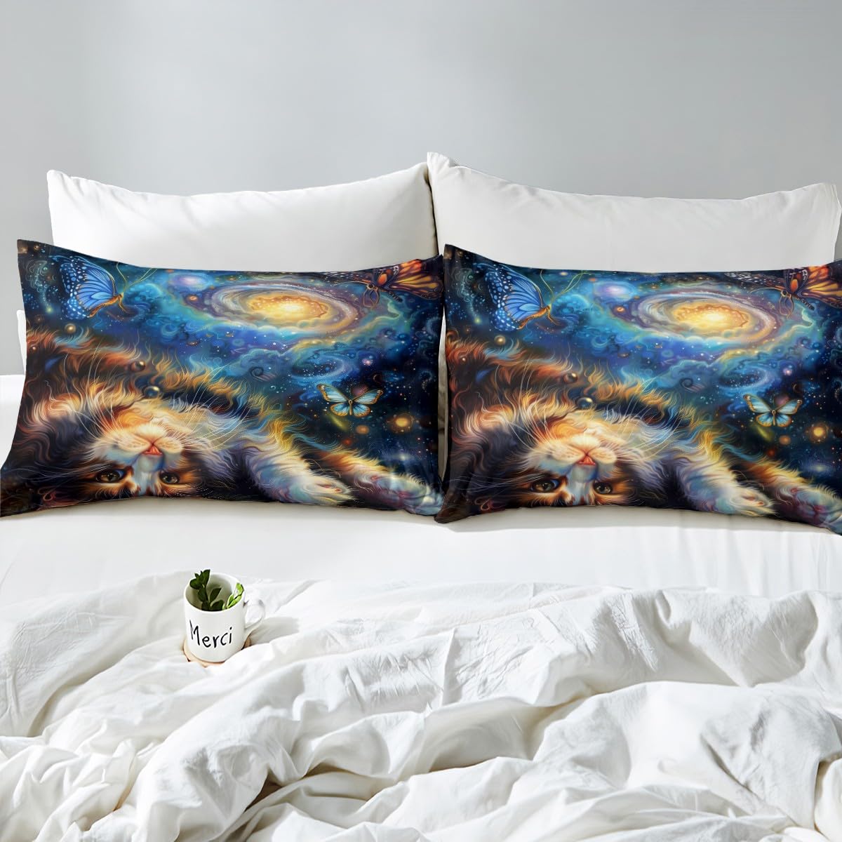 Cute Cat Kids Fitted Sheet Full Size,Glitter Starry Sky Galaxy Bedding Set,Boys Girls Room Decor,Cartoon Animal Pet Rustic Farmhouse Bed Cover,Blue Black Bed Sheet,2 Pillowcases