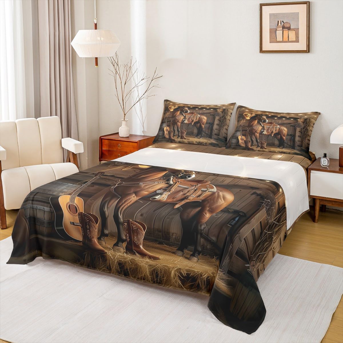 jejeloiu Western Horse Bed Sheets Set Queen Size Cowboy Bed Set for Kids Boys Girls Wild West Cowboy Deep Pocket Fitted Sheet Rustic Breathable Soft Lightweight Microfiber