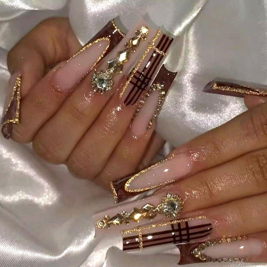 MISUD Press on Nails - Extra Long Square Glue on Nails with Fall Brown Plaid, Acrylic Rhinestone Design 24 pcs