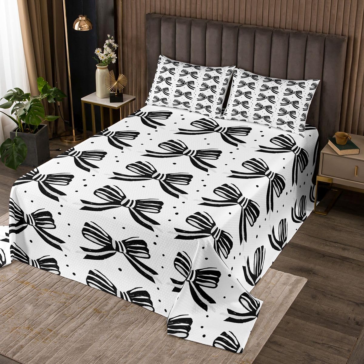 jejeloiu Bowknot Bedspread Quilts Black White Stripes Bow Coverlet Set Queen Size for Kids Boys Girls Cute Style Quilted Coverlet for All Season with 2 Pillowcases Microfiber