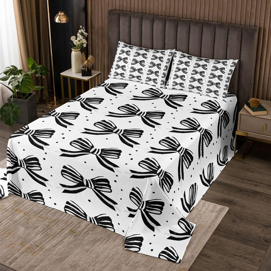 jejeloiu Bowknot Bedspread Quilts Black White Stripes Bow Coverlet Set Queen Size for Kids Boys Girls Cute Style Quilted Coverlet for All Season with 2 Pillowcases Microfiber