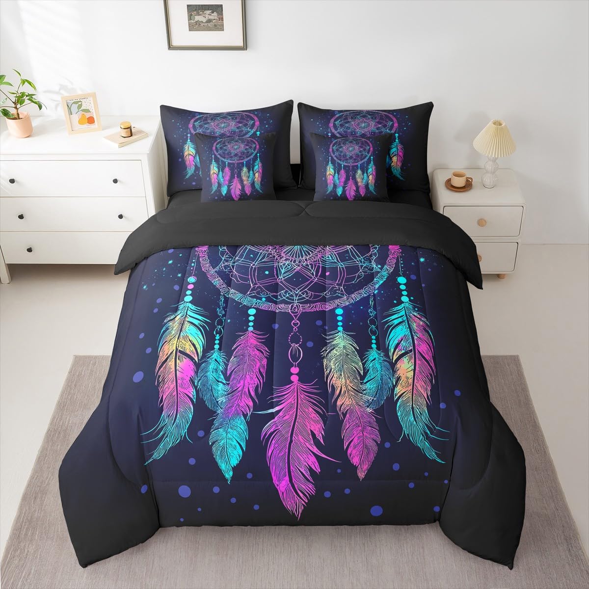 Erosebridal Dream Catcher 7 Piece Bedding Set King Tie Dye Comforter Set with Sheets Mandala Bohemian Feather Bed in A Bag Exotic Ethnic Tribal Hippie Style Bed Sets