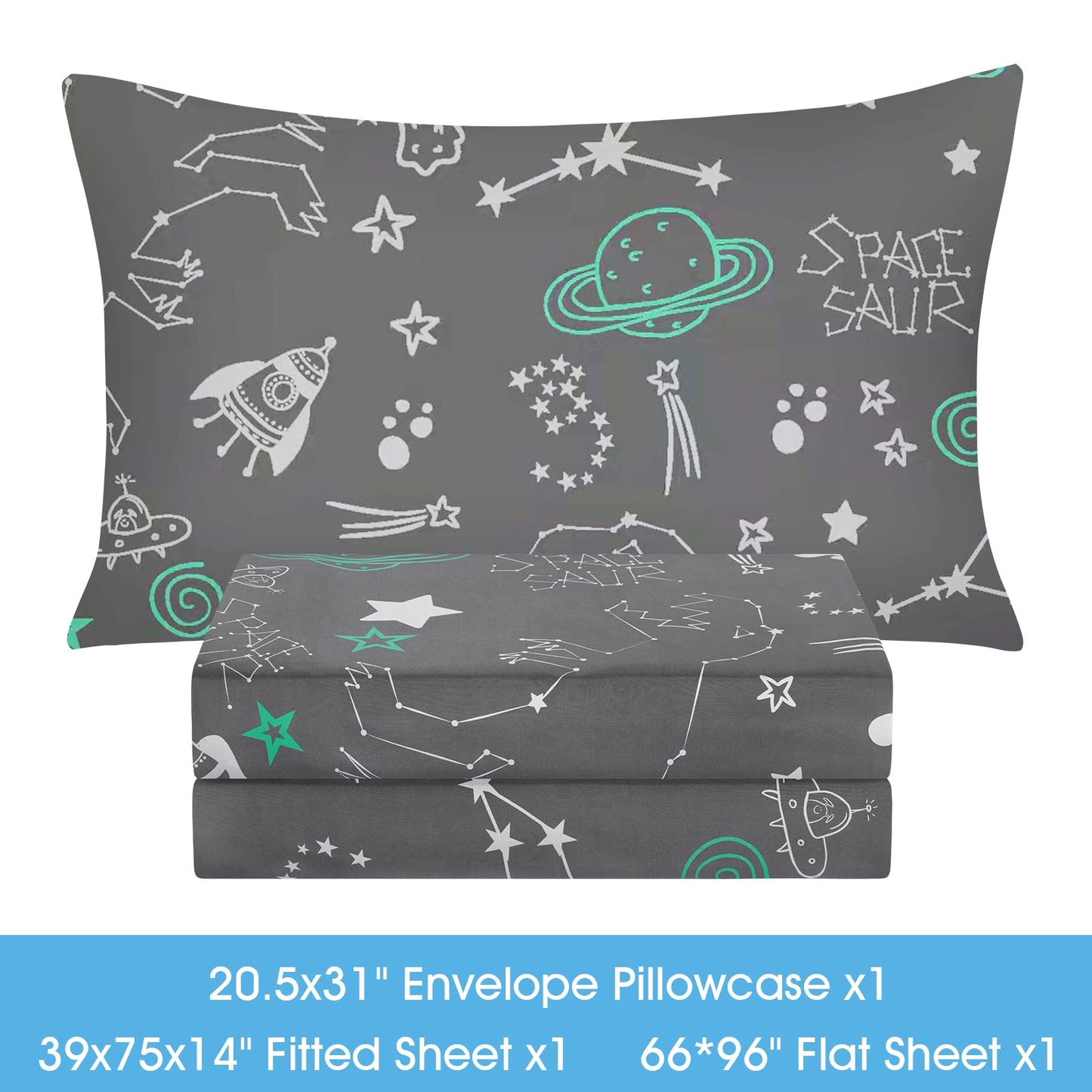BYSURE Twin Sheets Set Kids(Space Monster, Grey), 3 Pieces Easy Fit Deep Pocket Sheets Set, Breathable Wrinkle-Free Microfiber Bedding for Children