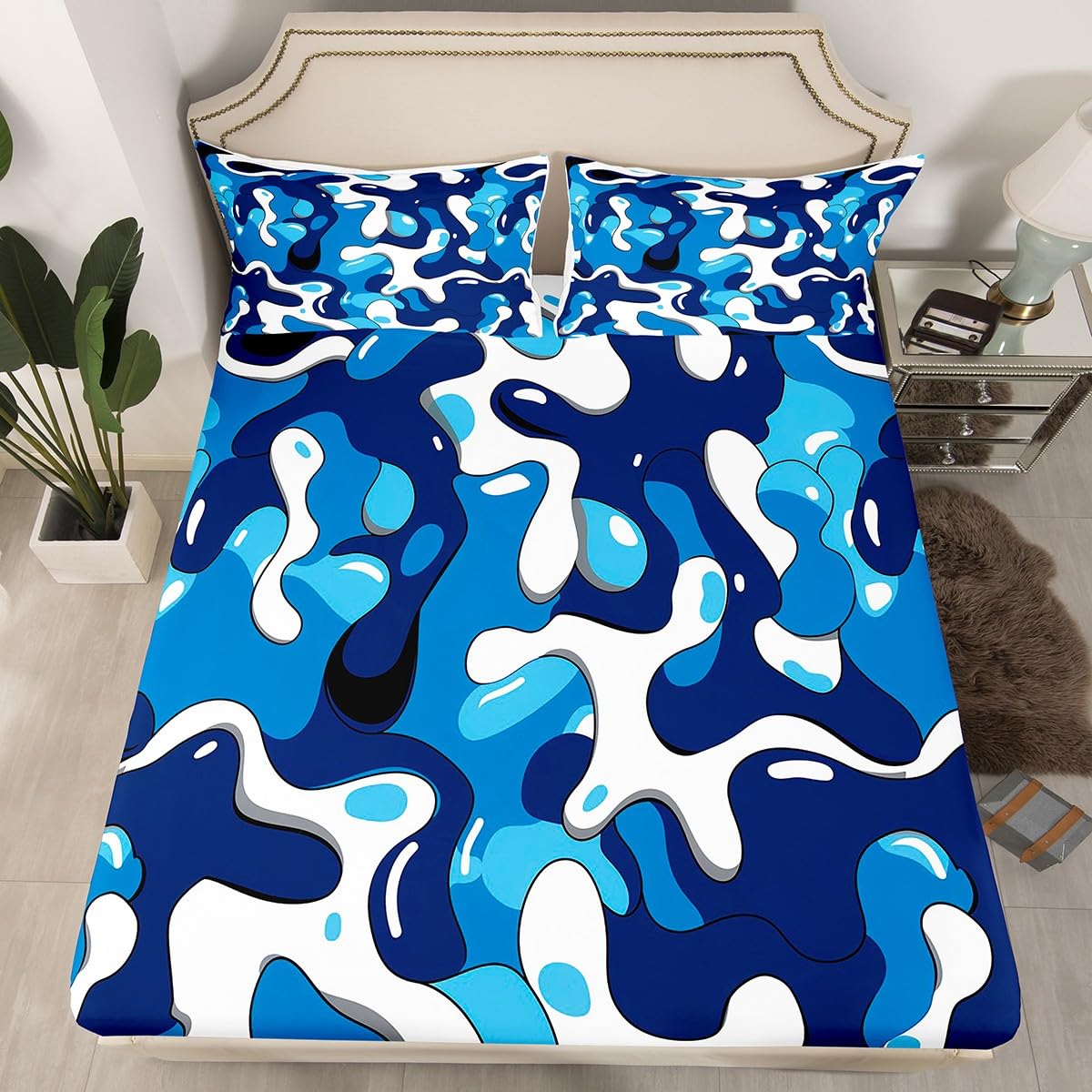 jejeloiu Camo Fitted Sheet with 1 Pillowcase Twin Size Military Style Bed Sheets Set 16" Deep Pocket Boys Girls Blue Bedding Camouflage Teens Bedroom Decor Breathable Lightweight Microfiber