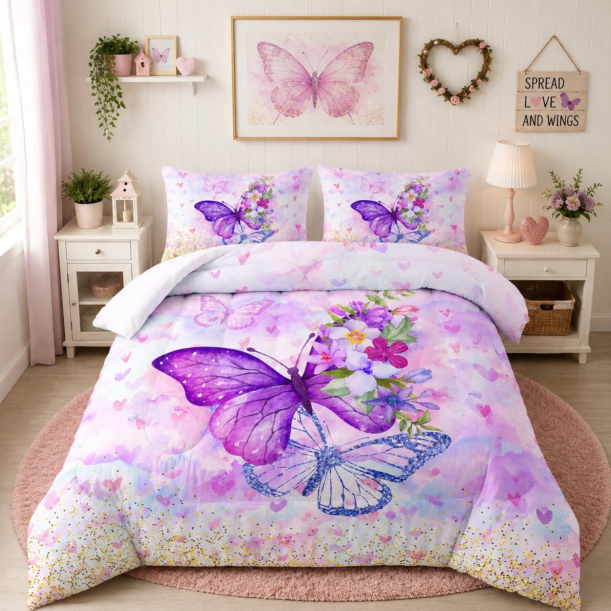 Nttopship Violet Butterfly Comforter Set 3 Pieces Bedding Set for Kids Teen Boys King Size ，Cute Flower Butterfly Bedding Set for Bedroom Soft Microfiber All Season 3pcs(1 Comforter & 2 Pillowcases)