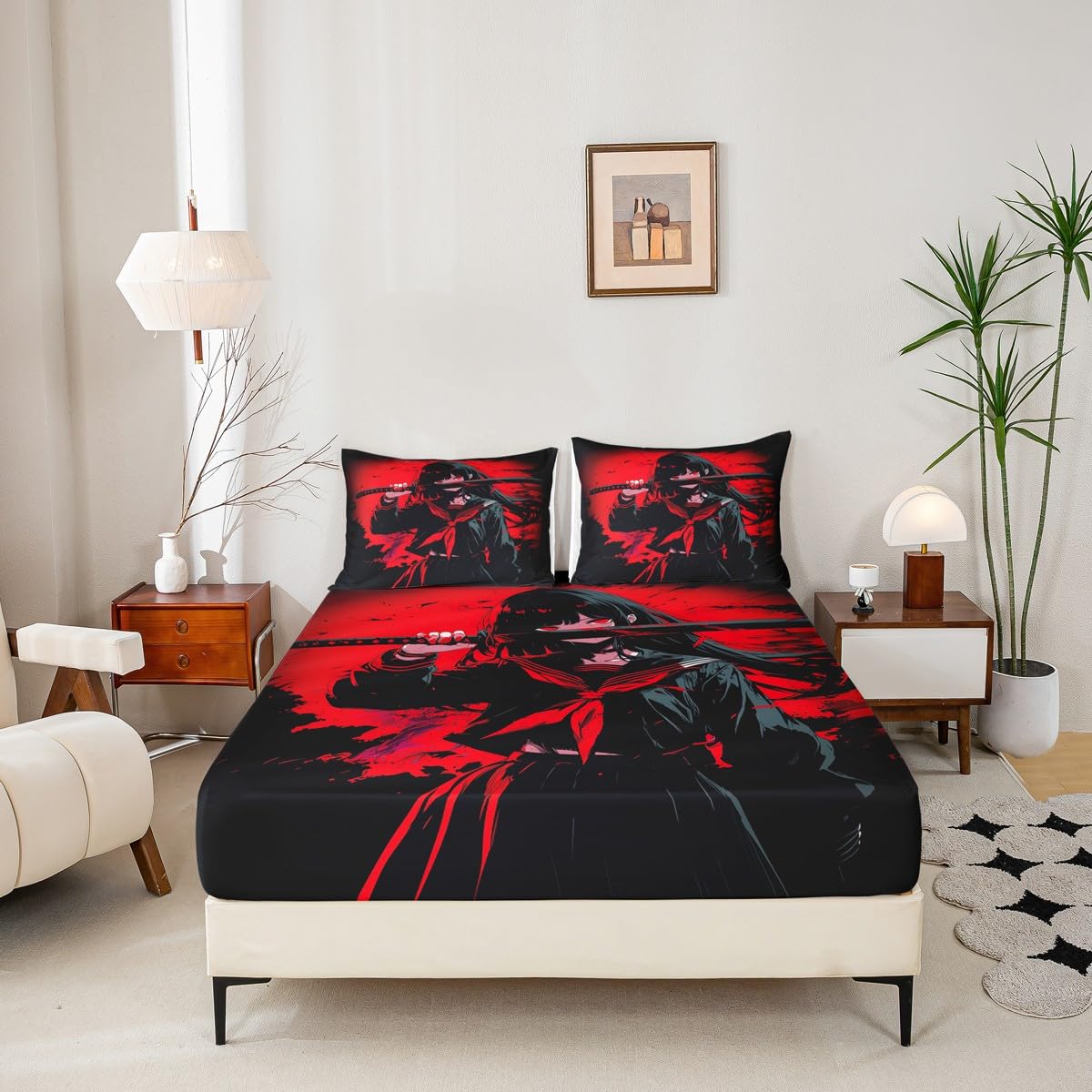Erosebridal Japanese Anime Bedding Set for Kids, Anime Girl Fitted Sheet Queen Size Japanese Girl Bed Sheets for Girls Teens Adult, Kawaii Animation Red Black Sheets, Machine Washable