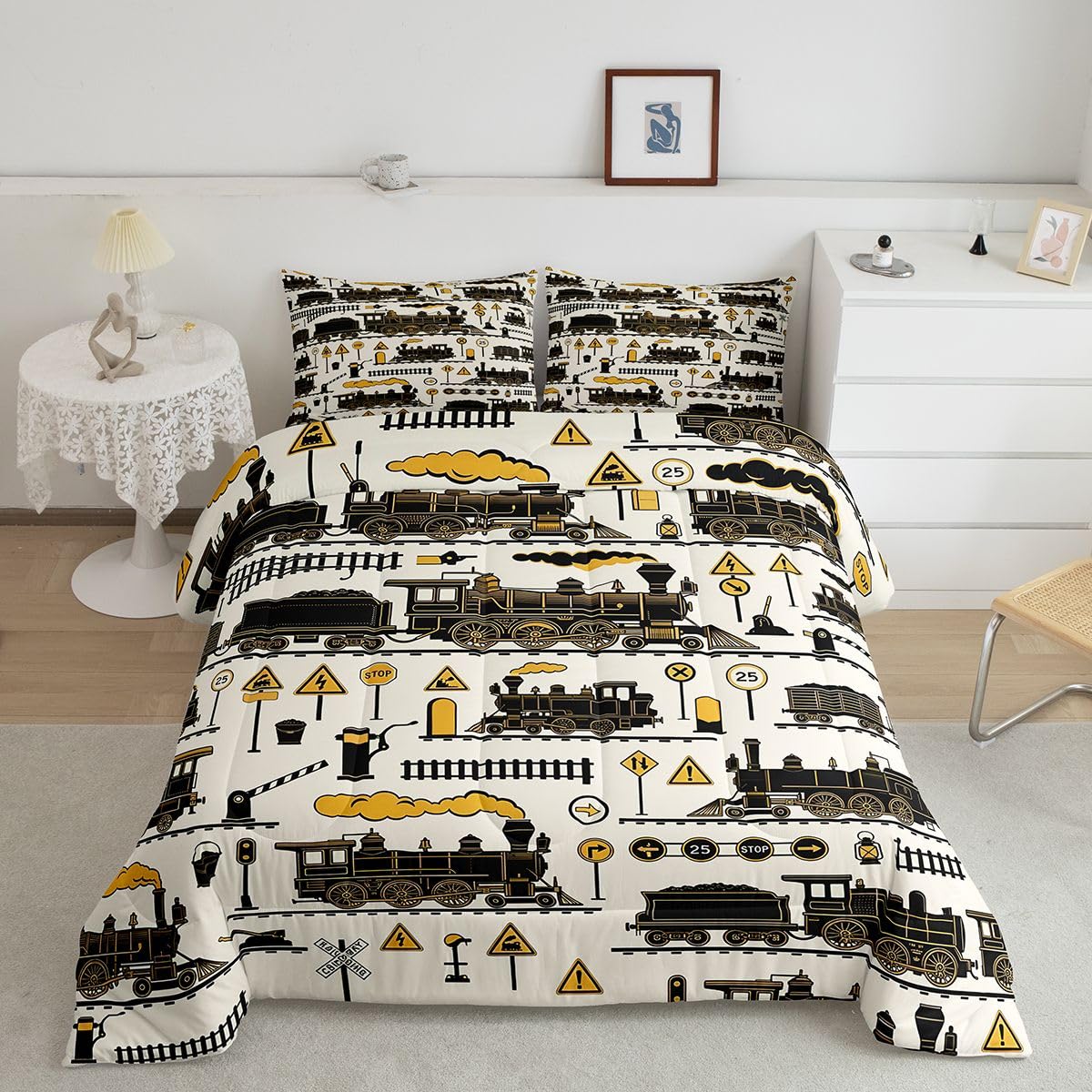 Erosebridal Cartoon Steam Train Kids Comforter Sets Funny Train Full Bedding Set for Boys Girls Retro Transport Vehicle Comforter Set Steampunk Railway Aesthetic Quilt Duvet 3 Pcs