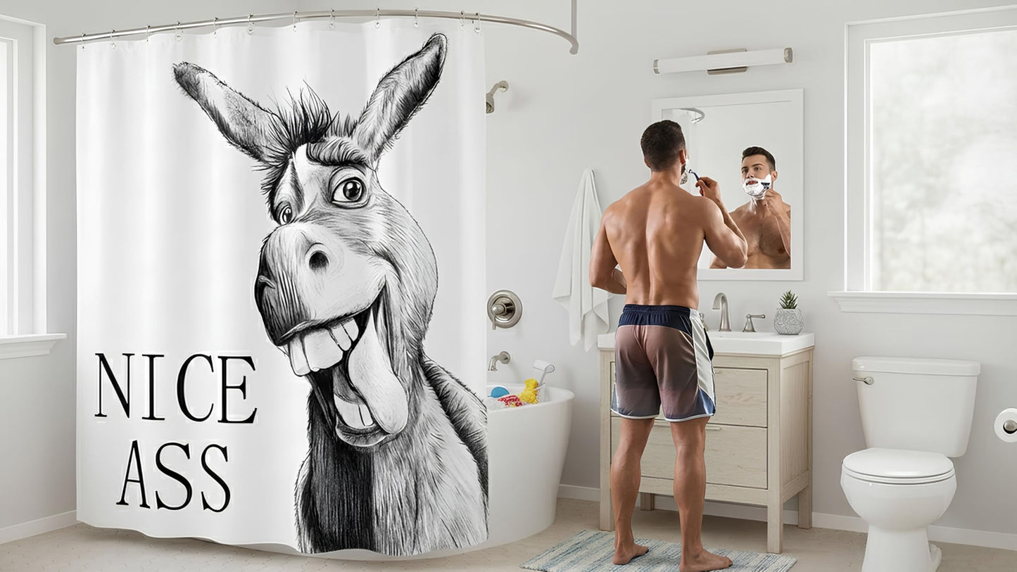 Zussun Funny Donkey Shower Curtain Rustic Farmhouse Shower Curtains for Bathroom Black and White Fun Cute Animal Wildlife Waterproof Fabric Bath Curtain Decor 72 X 72 Inch