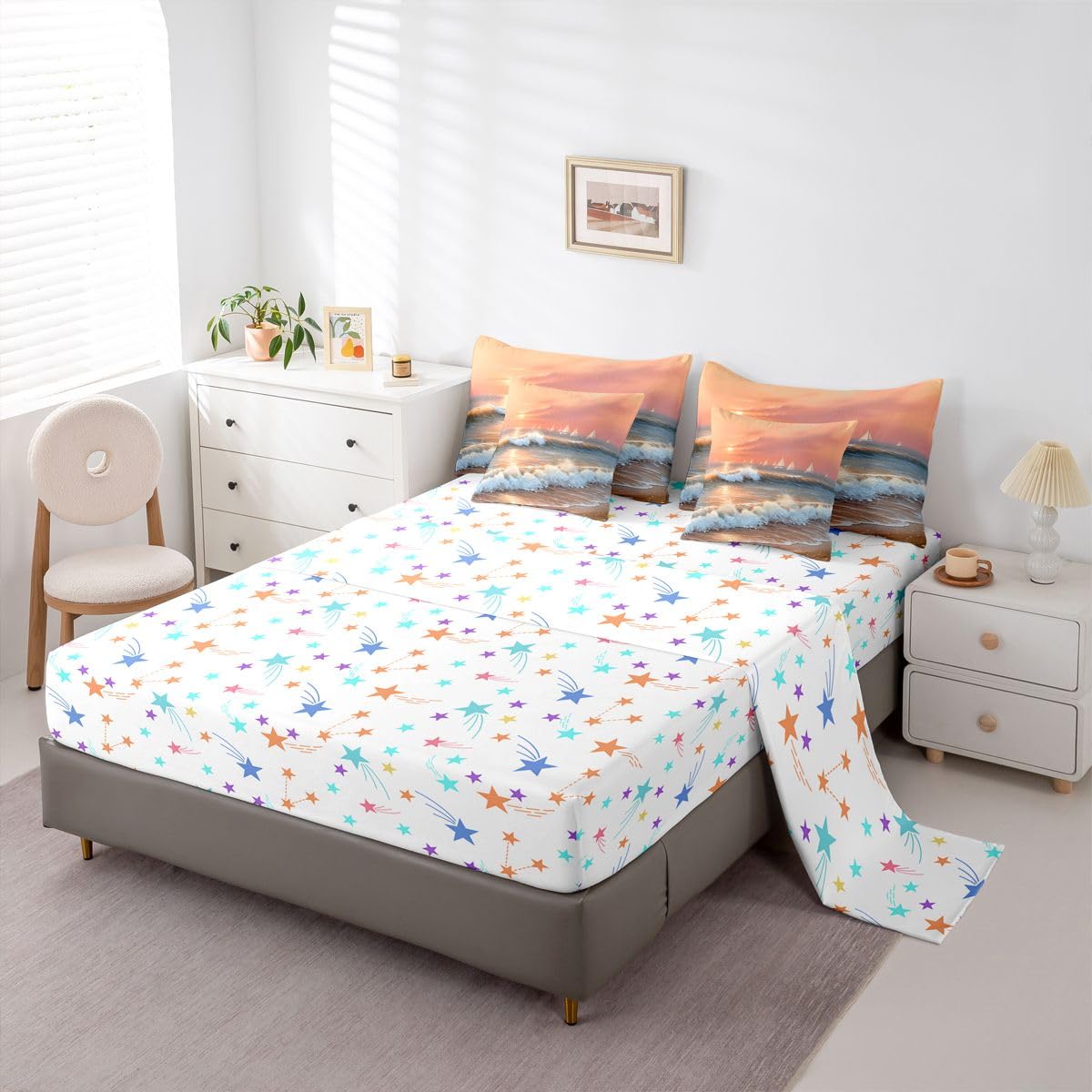 Erosebridal Ocean Sunset Sailboat Queen Bedding Set Pastel Coastal Comforter Set Kids Adults Wave Sand Tropical Summer 7-Piece Bed in a Bag Soft Watercolor Beach Nautical Quilt Sets