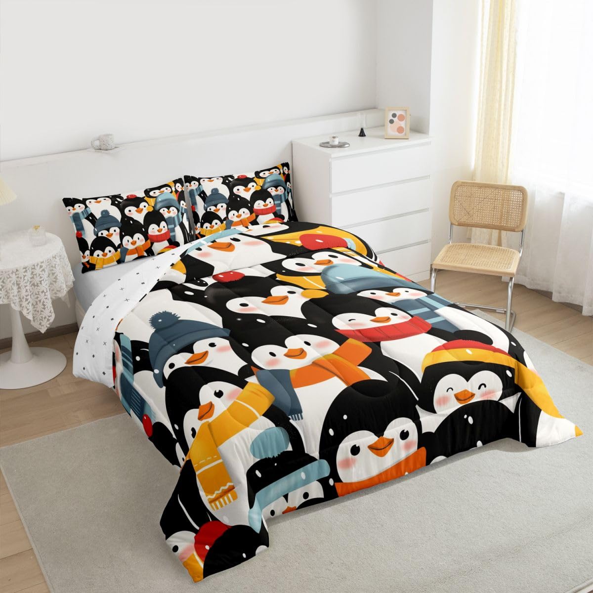Erosebridal Kawaii Penguin Comforter Set Queen Antarctic Wild Animal Print Bedding Set Cartoon Penguins Comforter for Kids Boys Girls,Snowy Winter Decor Quilt Duvet