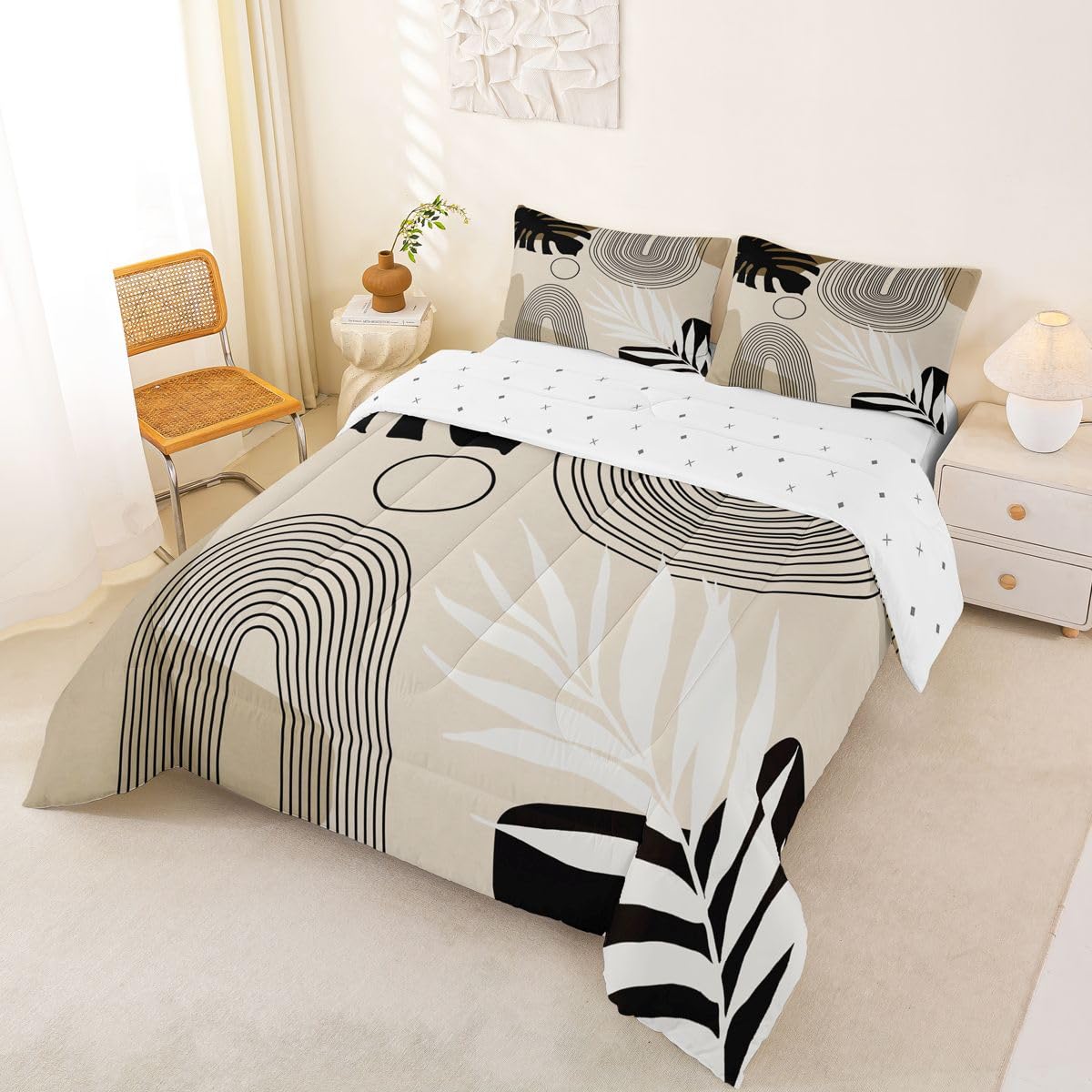 Erosebridal Boho Mid Century Twin Bedding Set, Modern Minimalist Comforter Set, Abstract Arch Geometric Comforter for Adults Teens Kids, Tropical Palm Leaf Aesthetic Quilt, Black Beige Brown