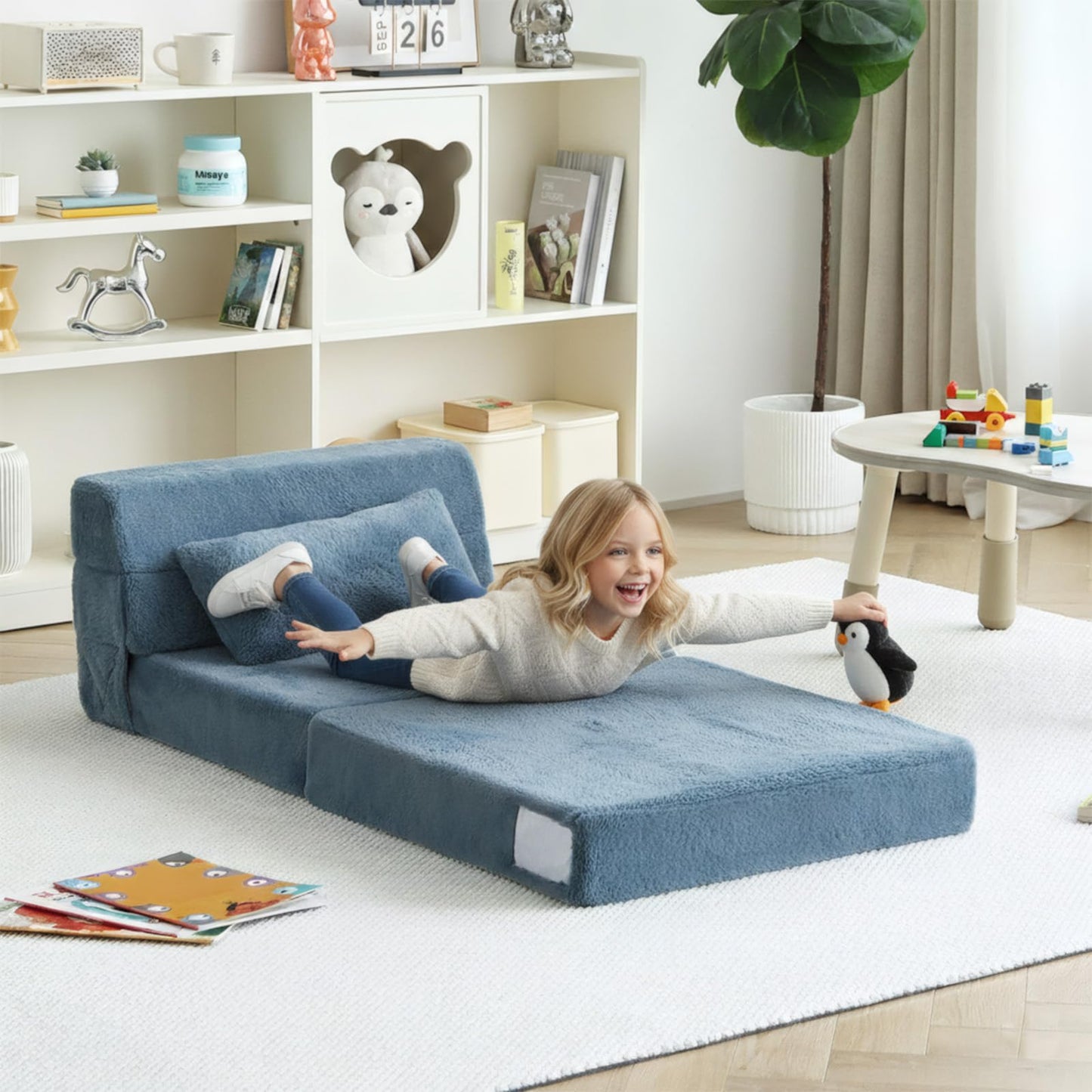 Tiita Convertible Folding Kids Sofa Bed with Pillow & Storage Bag, Plush Fabric Floor Mattress Couch Bed, Washable Cover, Kids Room, Playroom, Dorm, Apartment, Blue Grey
