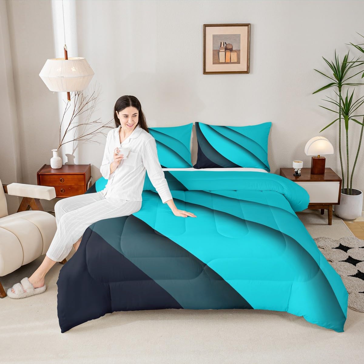 jejeloiu Geometric Bedding Set Full Blue Black Abstract Stripes Comforter Set for Kids Abstract Art Comforter Women Men Teens Soft Lines Decor Quilt Boys
