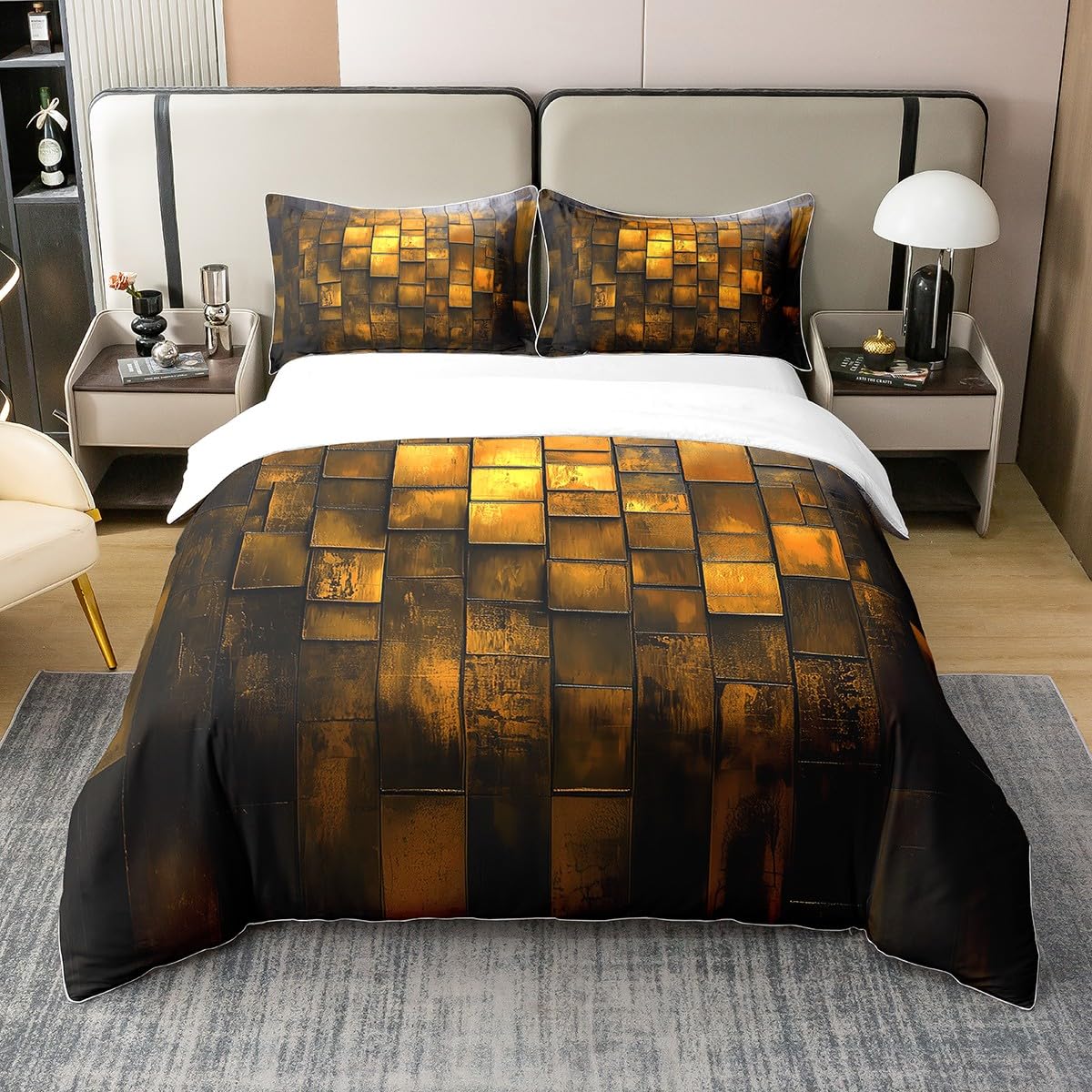 jejeloiu Yellow Earth Black Duvet Cover 100% Cotton King Size Kids Abstract Geometric Comforter Cover for Boys Girls Teens Modern Art Bedding Set Breathable Soft Room Decor