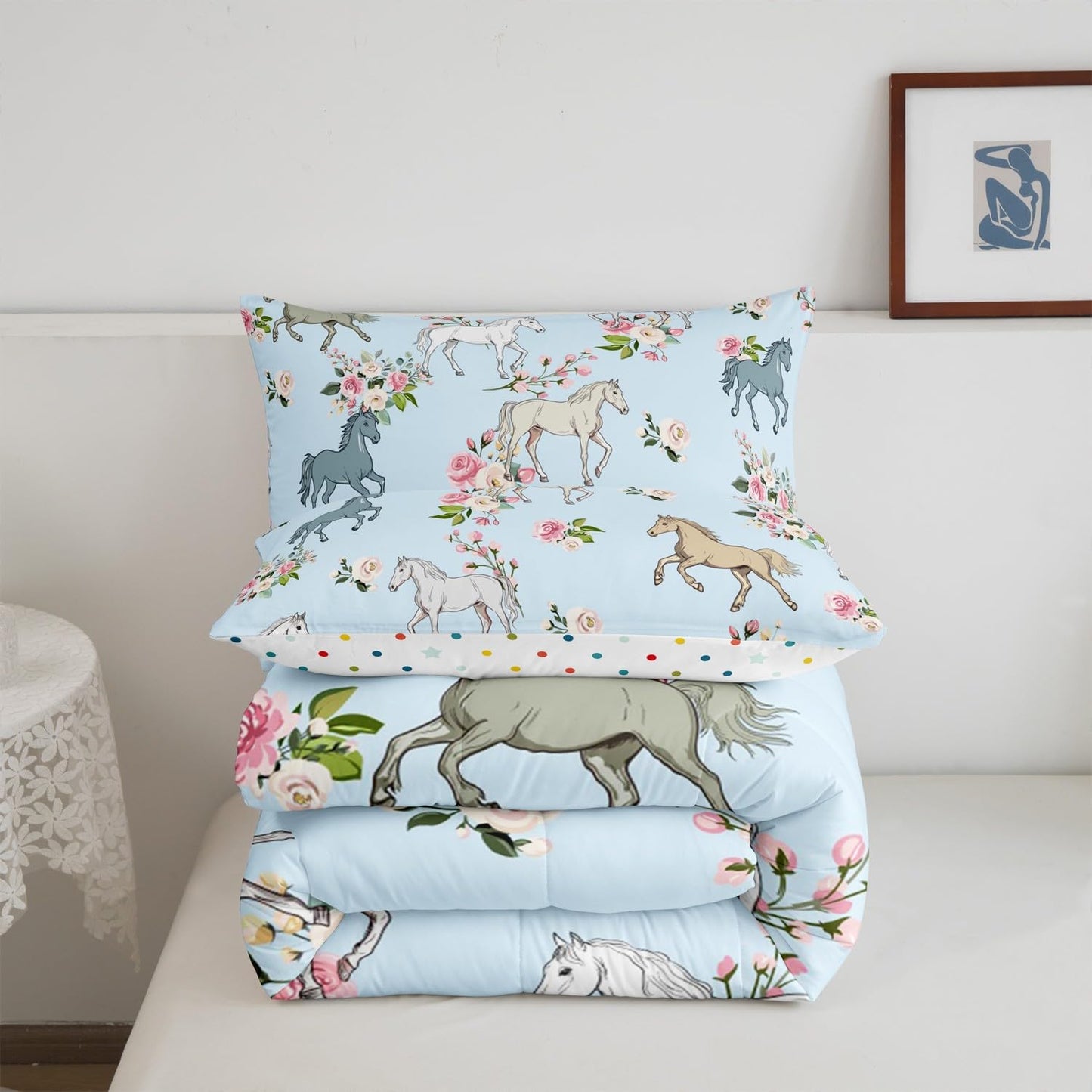 Erosebridal Horse Quilt Queen Size, Farmhouse Western Cowboy Cowgirls Duvet Insert for Kids Boys Girls Teens, Cartoon Kawaii Horse Bedding Set, Rustic Rose Floral Comforter Set + 2 Pillow Cases