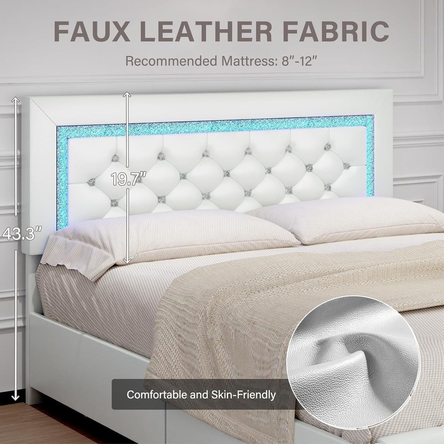 BarnFurin Twin Bed Frames with Storage Drawers and LED Lights, Upholstered Bed with Crystal Tufted Headboard, Princess Platform Bed with Wooden Slats Support, No Box Spring Needed, White