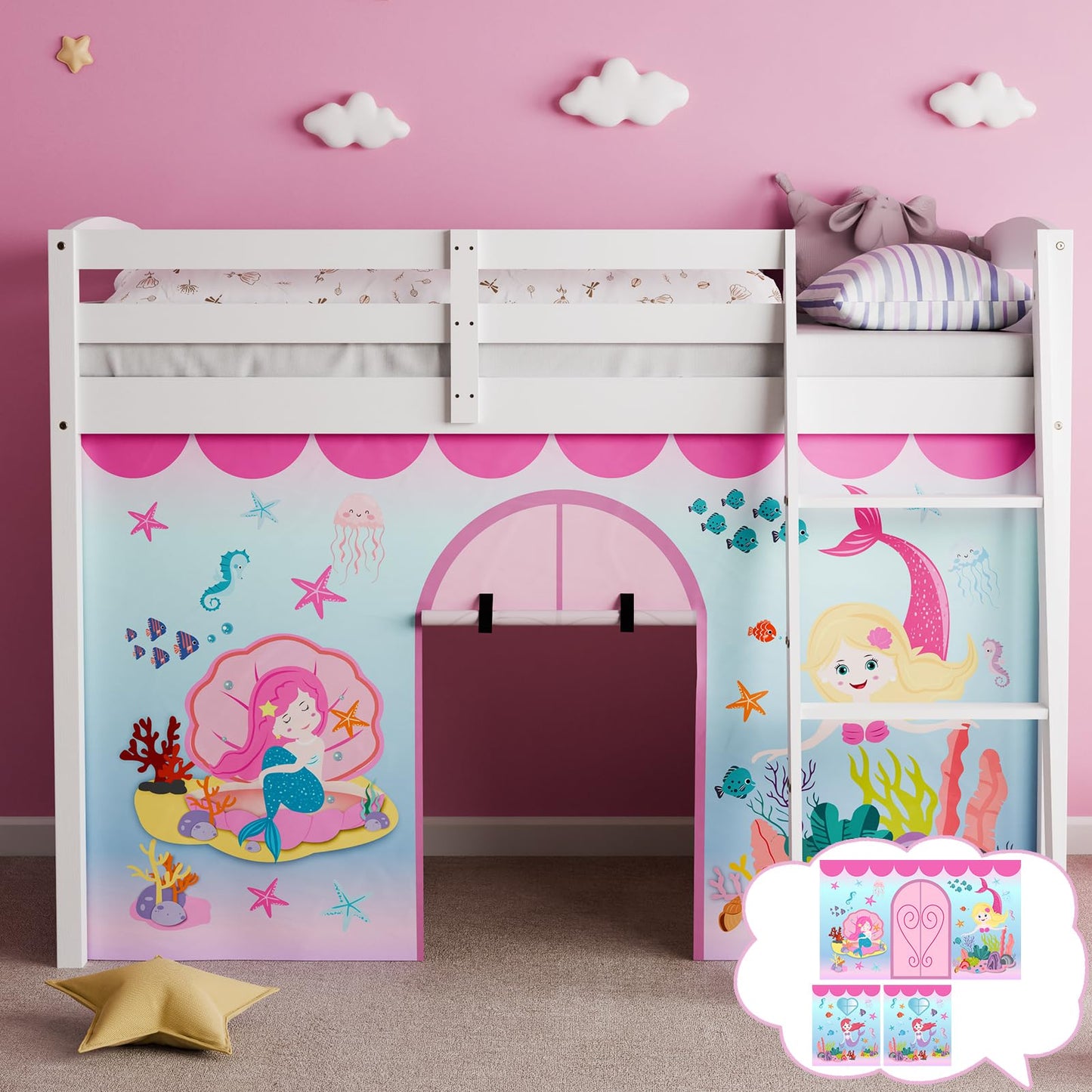 YRDKB Mermaid Bunk Bed - Curtains Premium and Customizable Cartoon Loft Bed Curtains for Children to Enhance The Imaginative Creation Bedroom Curtains(3PCS,Twins)