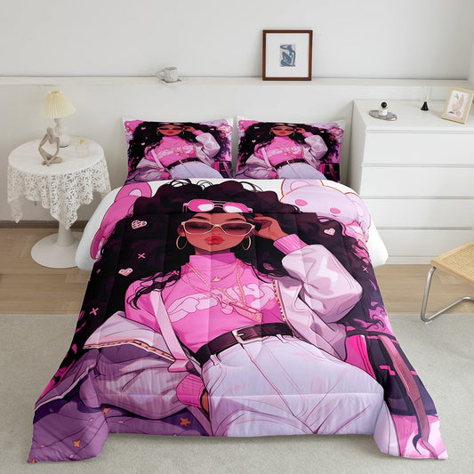 Princess Girlish Kids Comforter Set Full Size,Pink Stars Love Heart Romantic Bedding Set,Girls Women Room Decor,African Amercian Black Little Girls Down Comforter,Pink Duvet Insert,2 Pillowcases