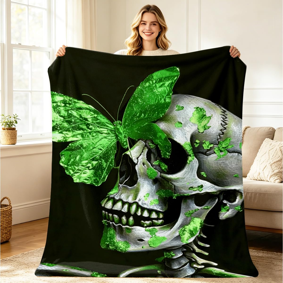 HUNXIAOJ Skull Butterfly Blanket Gifts Green Gothic Decor Butterfly Skeleton Throw Blanket Soft Flannel Skull Bedding for Couch Bed Living Room Home Halloween Decor 49"x59"