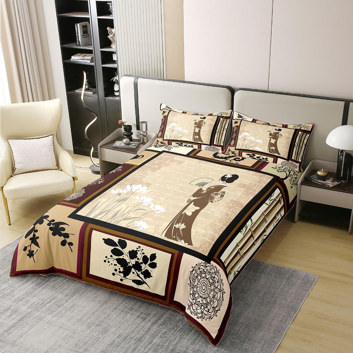 Erosebridal Chinese Girl Bedding Set Lotus Duvet Cover Full Size Asian Culture Comforter Cover Japanese Traditional Ethnic Exotic Bedspread Cover for Kids Adult Dorm Room Decorative