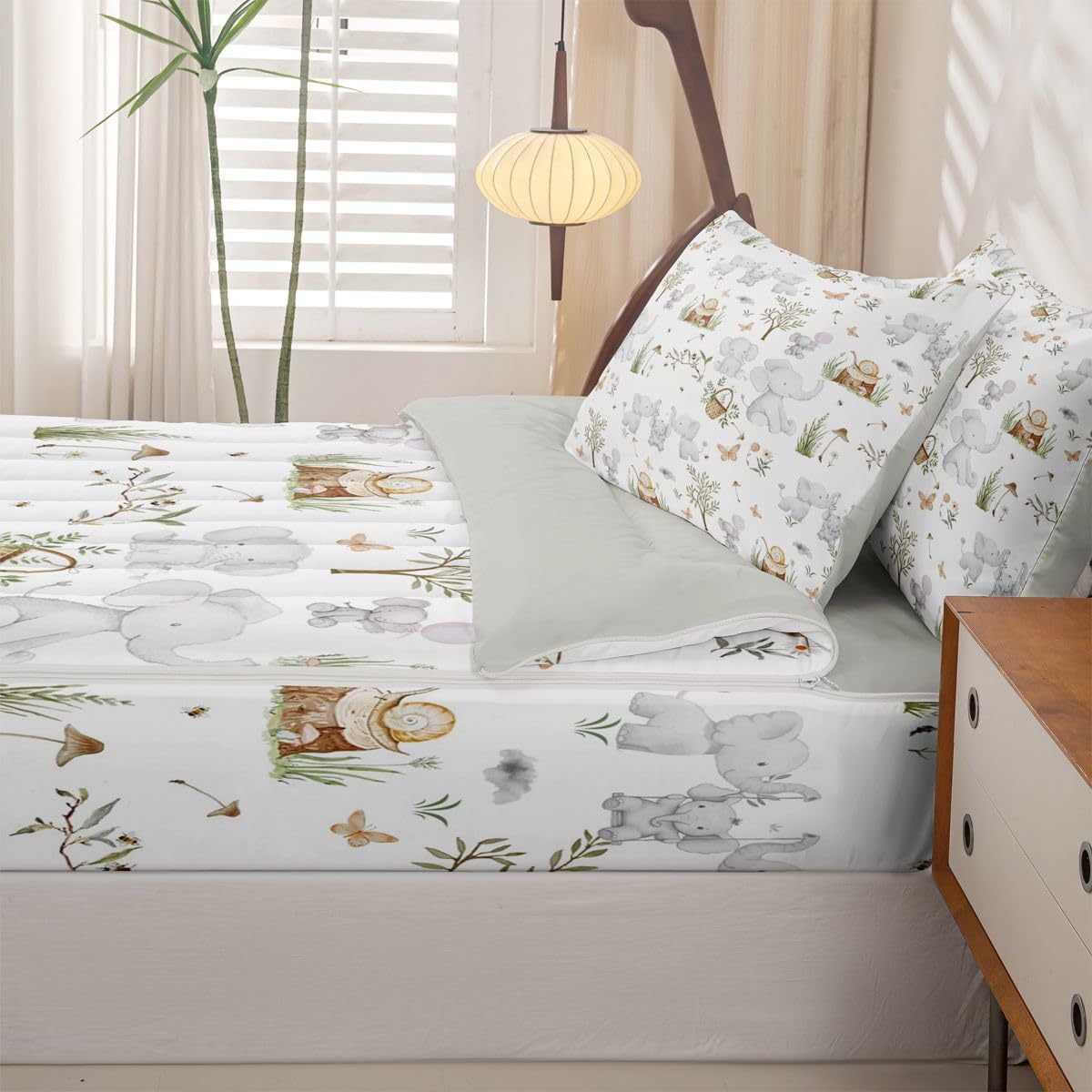 Erosebridal Kids Elephant Zippered Bedding Set Twin Nursery Cute Cartoon Animals Comforter Set Woodland Snails Wildlife Bed in a Bag Elephant Family Stump Butterfly Trees Zipper Quilt Fitted Sheet