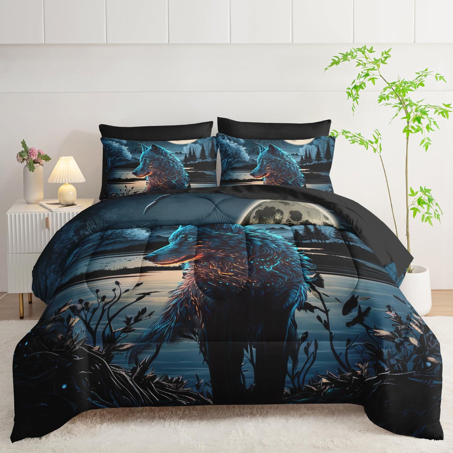 AILONEN Wolf Comforter Set Twin Size,7Pcs Soft Kids Boys Bed in a Bag,Moon Black Wolf Bedding Print Comforter & Fitted Sheet & Flat Sheet & 2 Pillowcases,2 Pillow Shams for Room Decor