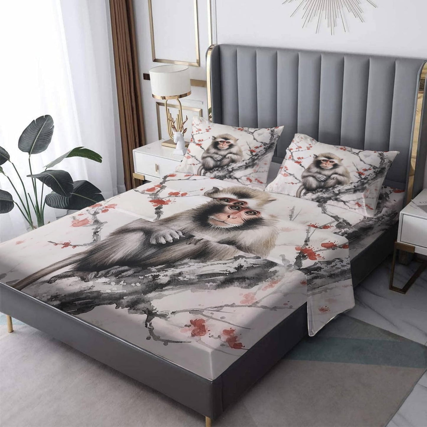 Monkey Sheets King Size, Cherry Blossom Wildlife Bed Sheets, Patterned Bedding Sheets & Pillowcases 4 Piece Set - Soft Microfiber Deep Pocket Fitted Sheet & Flat Sheet & 2 Pillow Cases J9-&-200