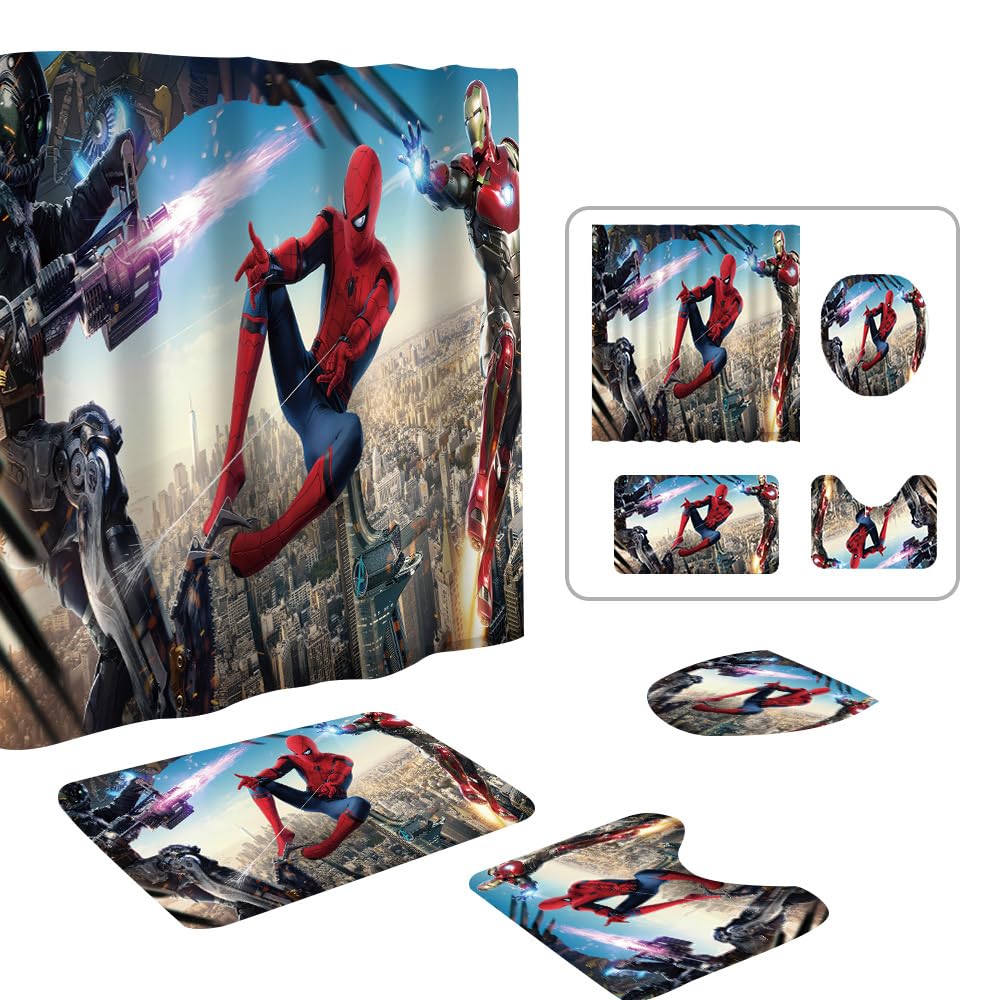DIOSN Cute Spidey Shower Curtain Set 4 Piece with Non-Slip Rugs, Toilet Lid Cover and Bath Mat Cartoon Bathroom Decor 72 x 72inch (Spider)
