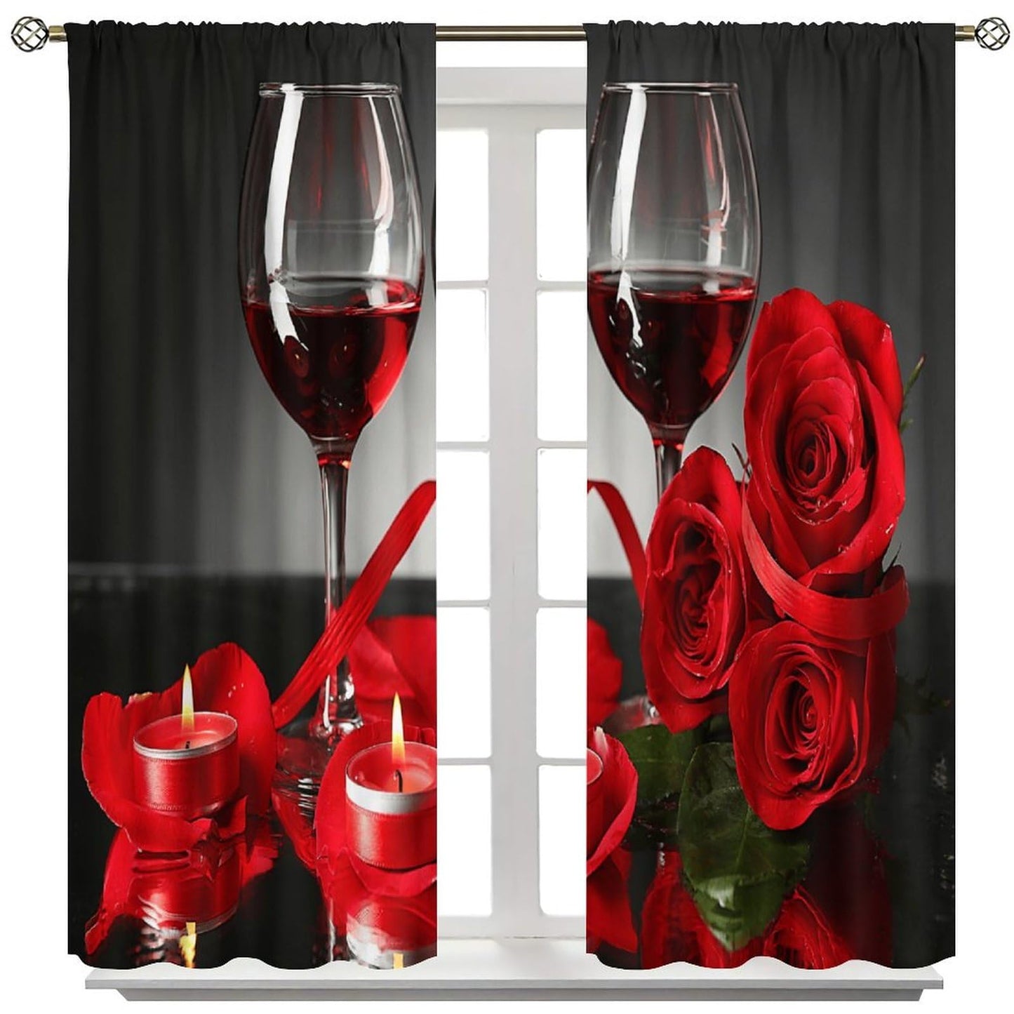GoDazzling Rose Wine Blackout Curtains, Red Floral Valentine Blossom Romantic Lover Art Printed Window Drapes, for Living Room Bedroom Kitchen 42" W X 45" L