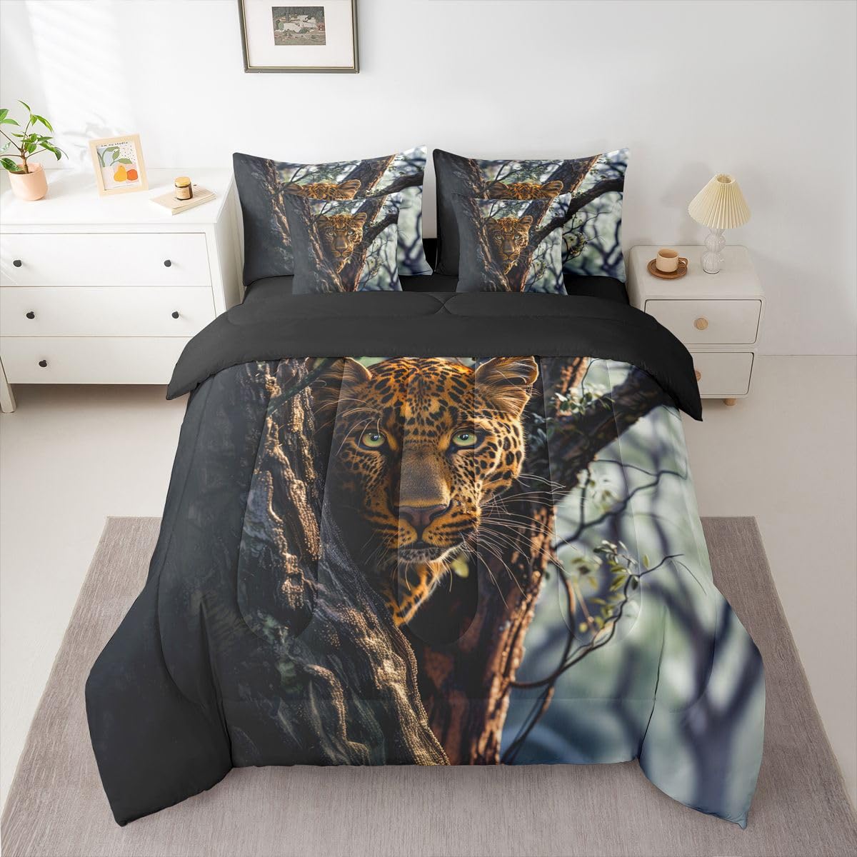 Feelyou Leopard Comforter Set Queen Size 7 Pieces Cheetah Print Bedding Set for Kids Boys Girls Wild Animal Bed in a Bag with Comforter, Sheets, Pillowcases, Cushion Covers Safari Quilted