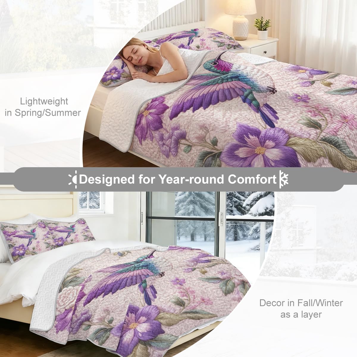 ARIGHTEX Flower Bird Quilt Set Queen Size Purple Floral Hummingbird Bedding Set Lightweight Botanical Quilt Soft Microfiber Bedspread Elegant Spring Coverlet Set with Pillow Shams