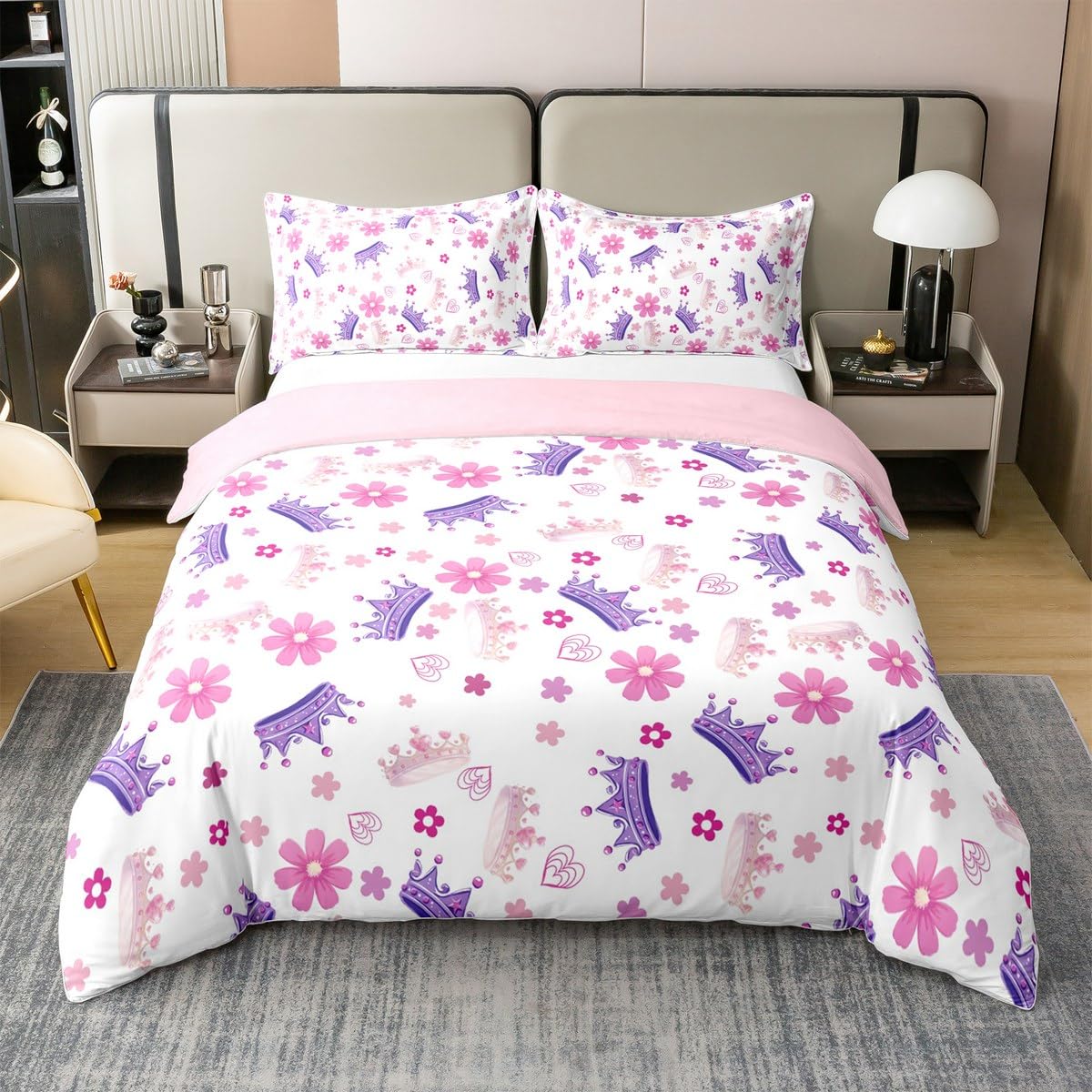 Manfei Princess 100% Cotton Duvet Cover Set Twin Size, Pink Purple Crown Print Bedding Set 2pcs, Cute Flower Girly Cartoon Quilt Cover, Kids Girls Room Decor, 1 Pillowcase,No Comforter