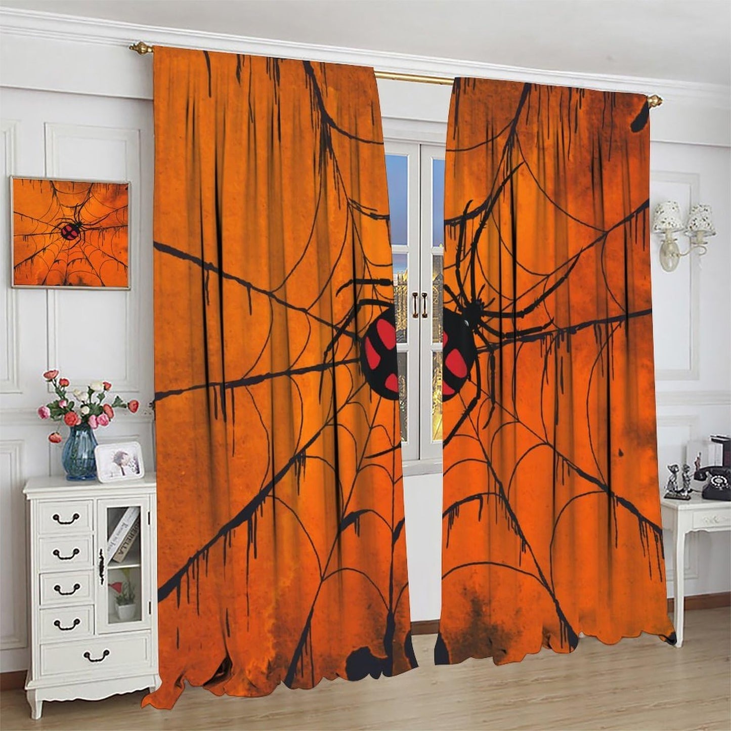 Djaby Spiders Web Curtains, Halloween Spooky Spider Web Gothic Scary Window Curtain for Boys Girls Kids Baby Bedroom Nursery 42" W X 45" L(No Blackout)