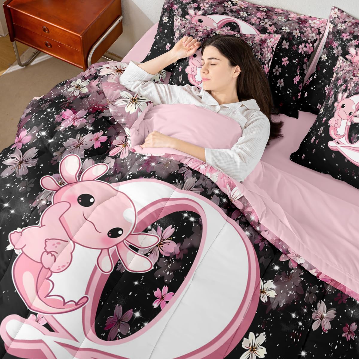 Erosebridal 7 Pieces Cute Letter Initial Q Bed in A Bag Twin Size | Cute Axolotl Comforter Set with Sheets for Kids Girls Teens Pink and White Cherry Blossom Bedding Set Kawaii Axolotl Quilt Sets
