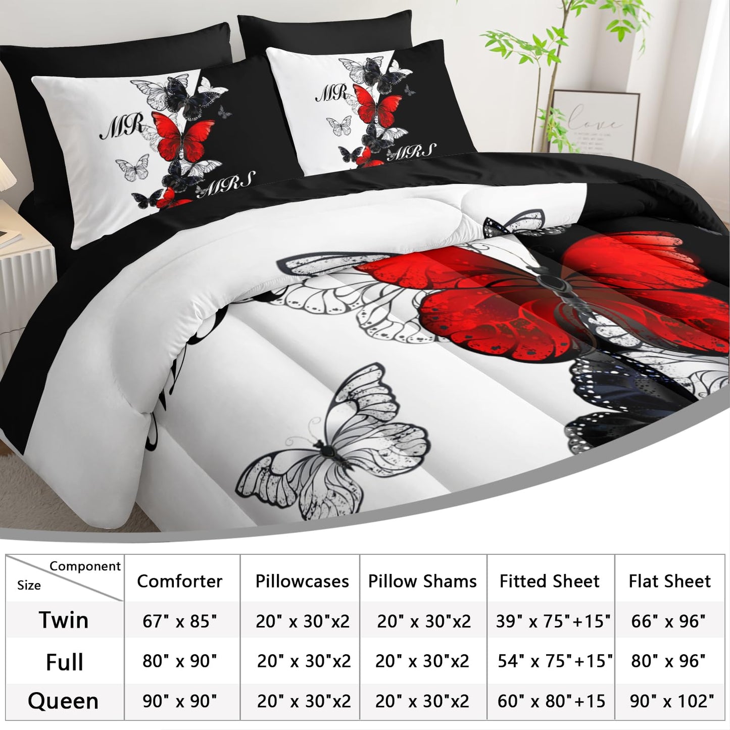 AILONEN Mr Mrs Black and White Comforter Set Queen - 7Pcs Soft Bed in a Bag -Red Black Butterfly Comforter,Fitted Sheet,Flat Sheet,2 Pillowcases,2 Pillow Shams for Room