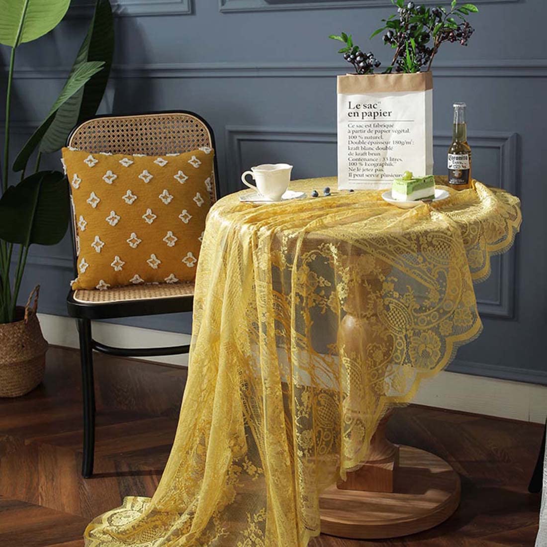 JAIJY Vintage 60 inch Yellow Lace Tablecloth Floral Embroidered Boho Shabby Chic Small Table Cover for Wedding Halloween Party Dinning Holiday, 1 Piece