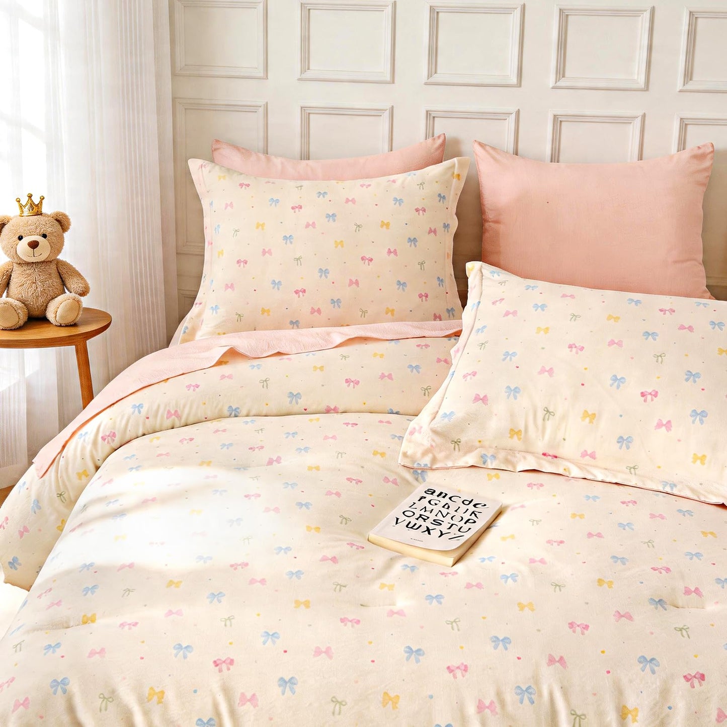 Wajade 7 Piece Colourful Bow Comforter Set for Girls Twin Size Cute Bedding Set Bed in A Bag (1 Comforter, 1 Flat Sheet, 1 Fitted Sheet, 2 Pillowcase and 2 Pillow Sham)