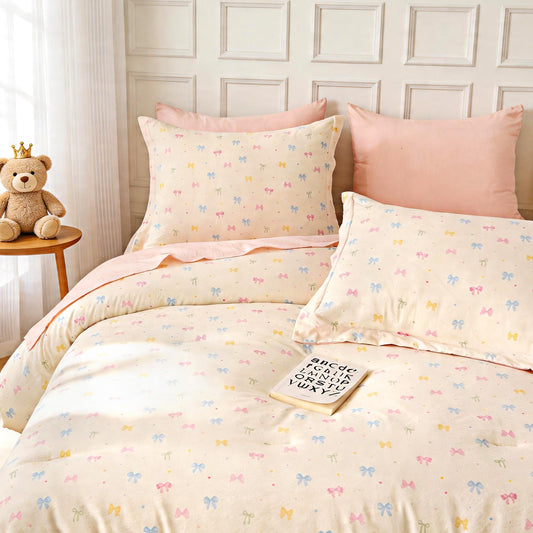 Wajade 7 Piece Colourful Bow Comforter Set for Girls Twin Size Cute Bedding Set Bed in A Bag (1 Comforter, 1 Flat Sheet, 1 Fitted Sheet, 2 Pillowcase and 2 Pillow Sham)