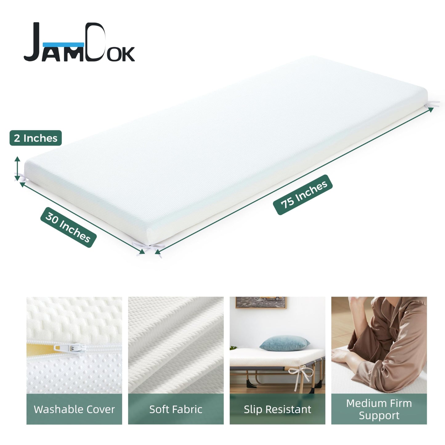 Jamdok 2Inch Cot Mattress Topper,Narrow Twin Foam Cushion for Camping Cot,Sofa bed,Pull Out Chair,Portable,Roll Up Surpportive Sleep Pad(75 x 30")