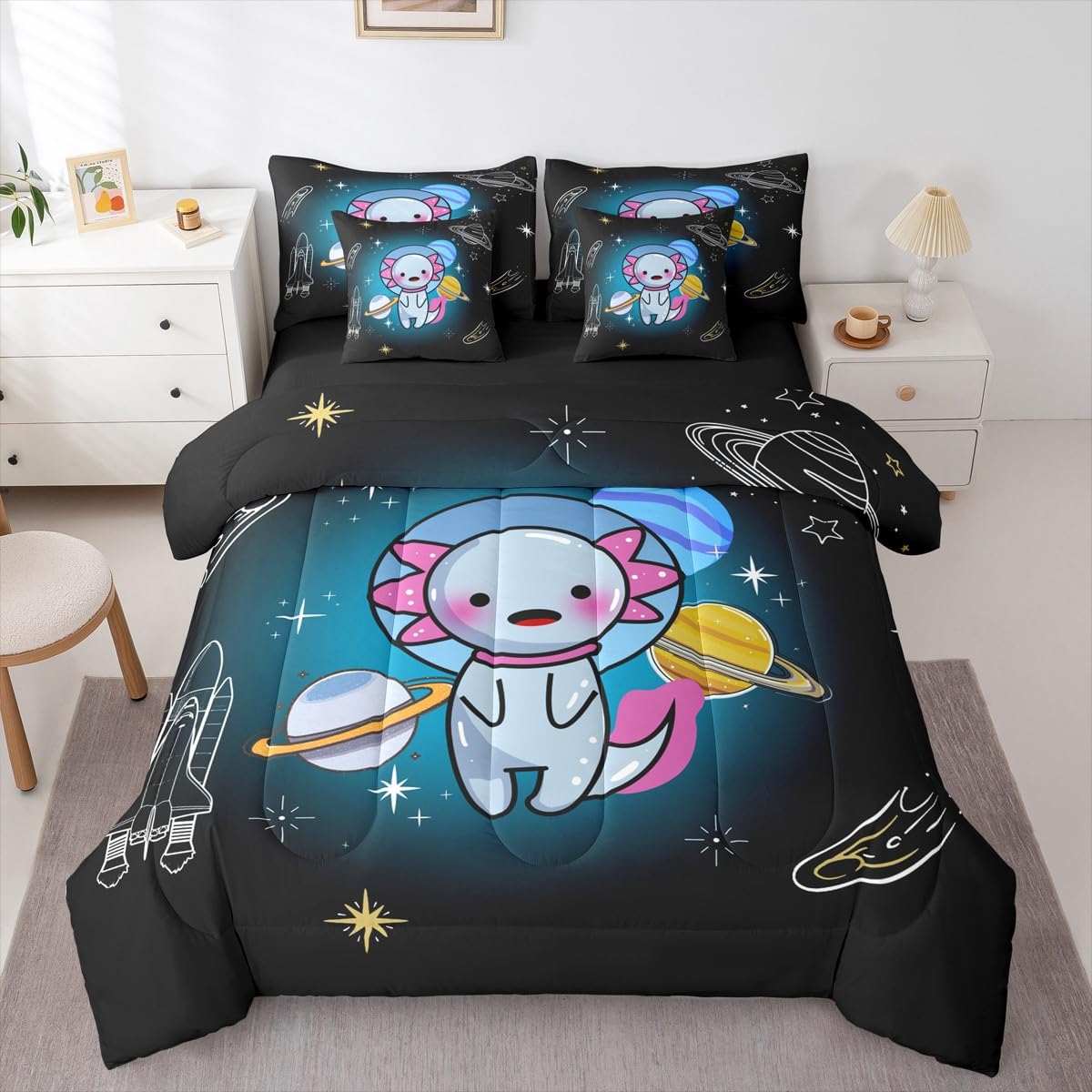 Erosebridal Space 7 Piece Bedding Set King Salamander Comforter Set with Sheets Axolotl Planet Rocket Meteor Helmet Bed in a Bag Stars Print Cute Cartoon Animal for Kids Boys Girls