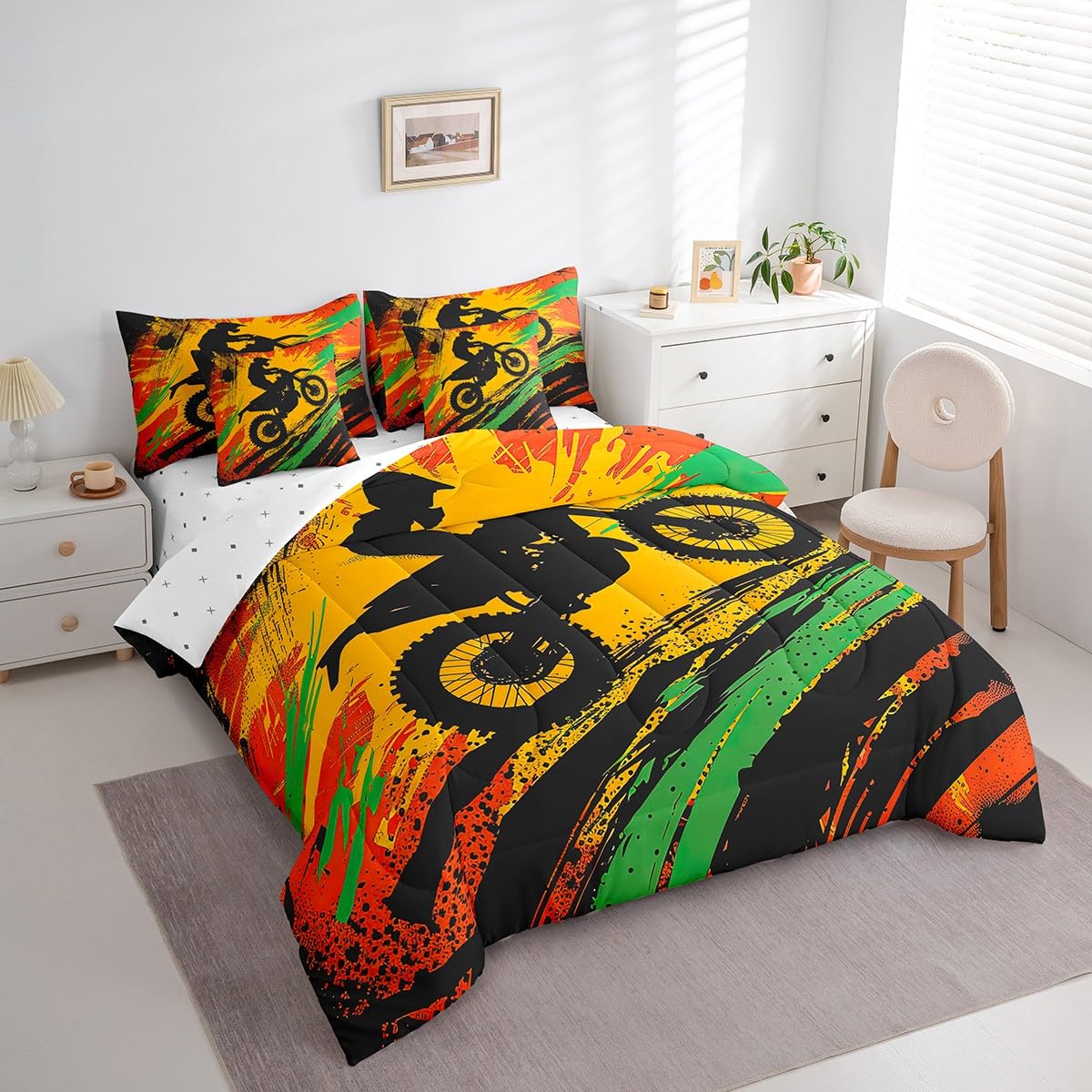 Erosebridal Motocross Rider 7 Piece Comforter Set Full Bed in a Bag,Extreme Sports Bedding Sets Motorcycle Dirt Bike Sheet Set with Comforter