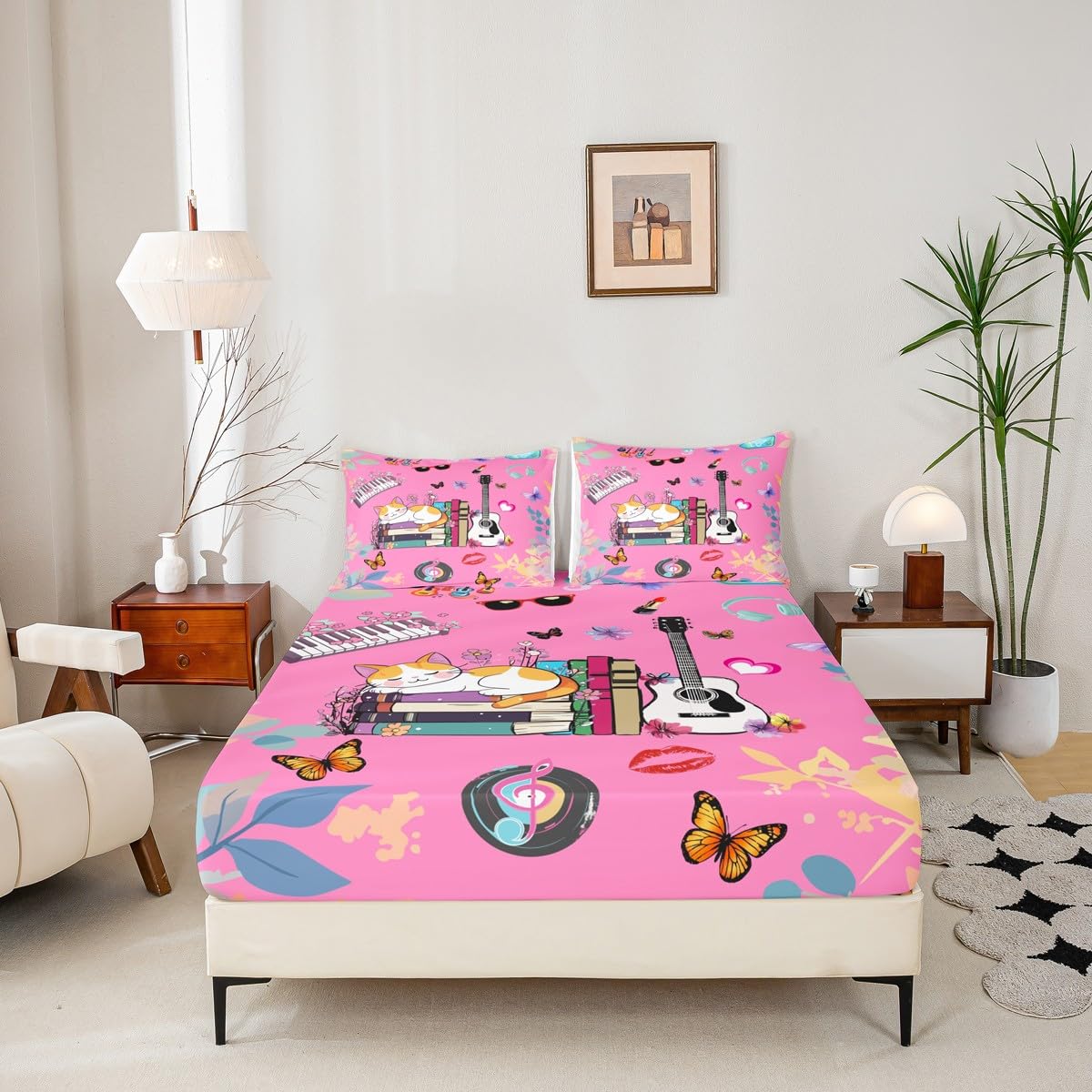 Erosebridal Music Themed Bed Sheets Set King Butterfly Sheet Set Music Book Cat Sheets for Fans Modern Fashion Pink Flat Fitted Sheet Birthday Valentines Day