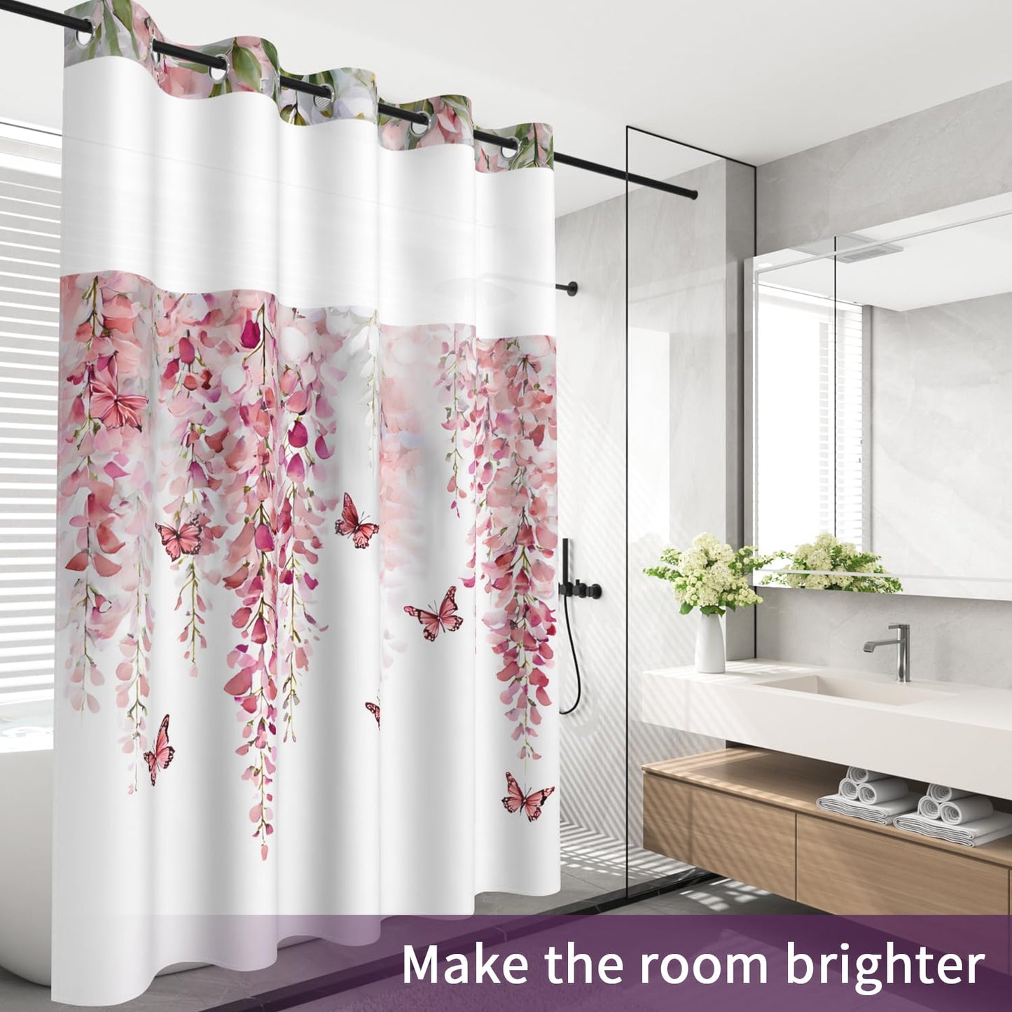 NAEMBCU Boho Floral No Hook Shower Curtain with Snap in Liner Set 71x74 in