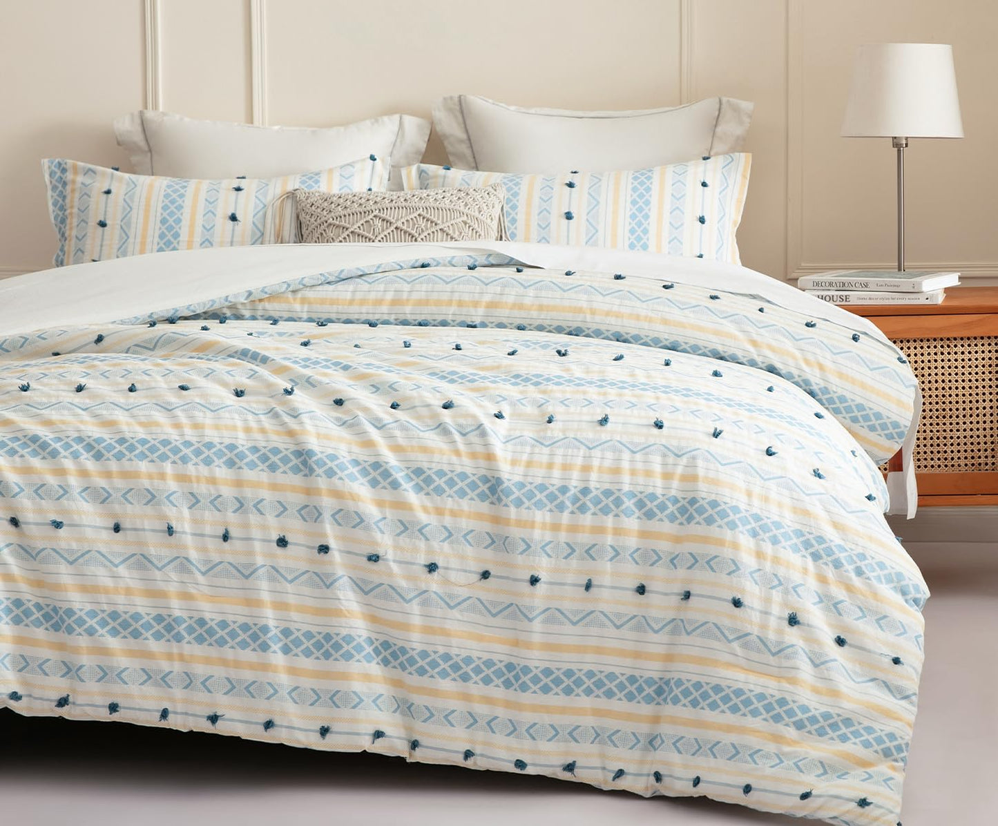 SLEEPBELLA Washed Double Layer Muslin 100% Cotton Comforter Set Queen Size, Yellow Blue Boho Fluffy Thick Checked Bedding Set, Soft Breathable (1 Comforter, 2 Pillow Shams)
