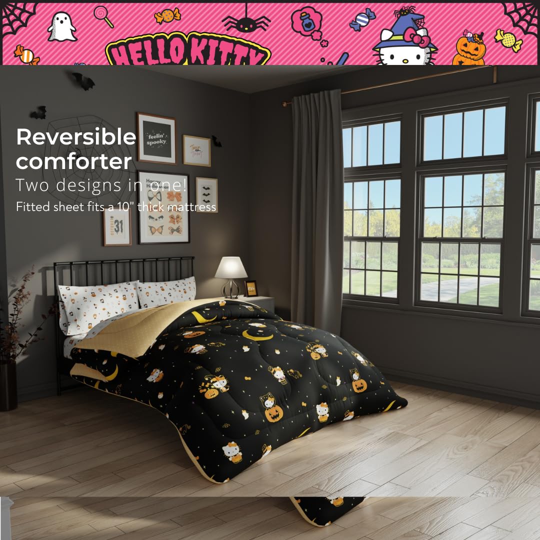 Sanrio Hello Kitty Halloween Pumpkin Twin Bed Set – Super Soft & Cozy 4 Piece Reversible Comforter and Sheet Set (Officially Licensed Product) by Franco