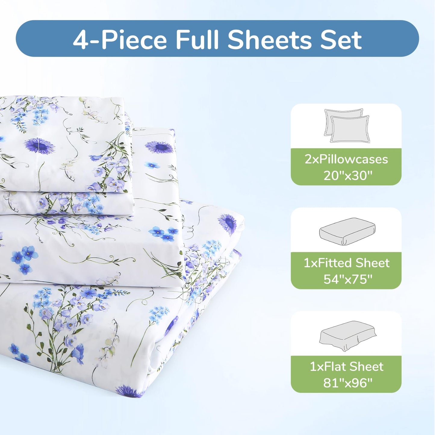 MUXHOMO Full Size 4 Piece Sheet Set, Soft & Breathable Sheet Set for Bedroom with Deep Pocket Up to 16", Wrinkle-Free & Cooling Bed Sheet with Flat Sheet, Fitted Sheet & Pillowcases - Indigo Mystical