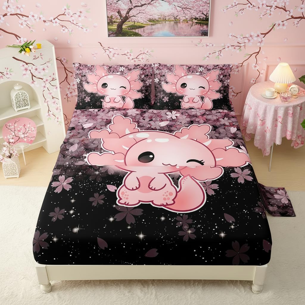 QOOMO Kawaii Axolotl Bedding for Boys and Girls Pink Cherry Blossom Super Soft Kids Bedding Set Sparkling Stars Breathable Room Decoration Twin Size 1 Fitted Sheet, 1 Flat Sheet, 2 Pillow Cases