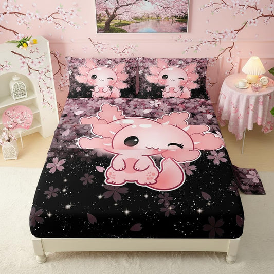 QOOMO Kawaii Axolotl Bedding for Boys and Girls Pink Cherry Blossom Super Soft Kids Bedding Set Sparkling Stars Breathable Room Decoration Twin Size 1 Fitted Sheet, 1 Flat Sheet, 2 Pillow Cases