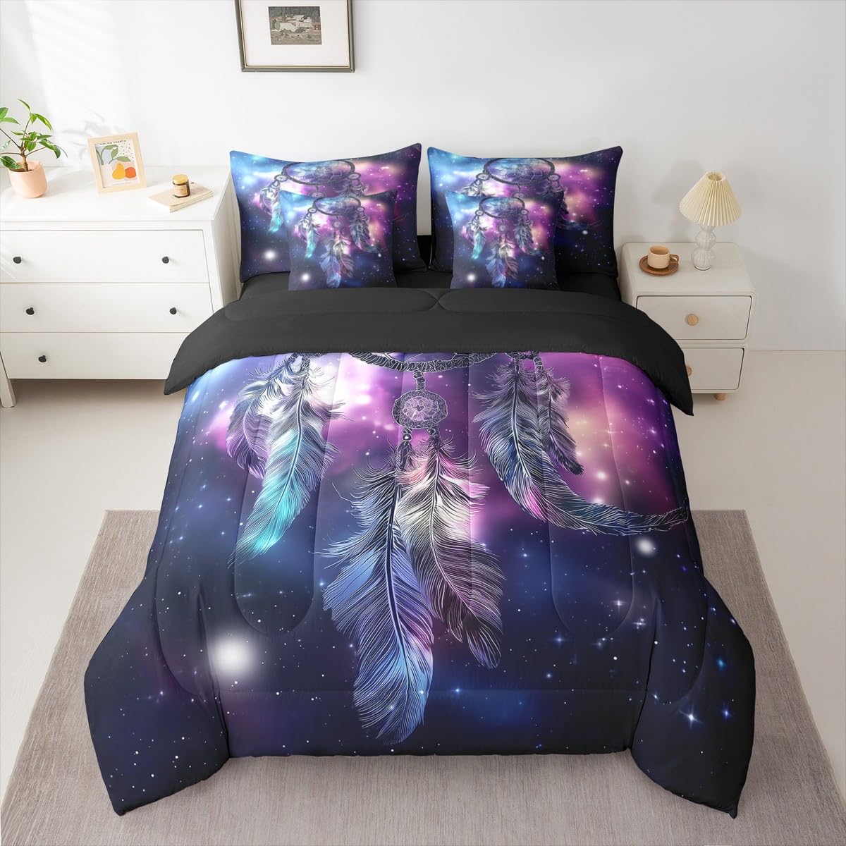 Erosebridal Dream Catcher Full Comforter Set, Nebula 7-Piece Bed in A Bag, Purple Feather Sheets and Pillowcases, Galaxy Starry Sky Bed Sets